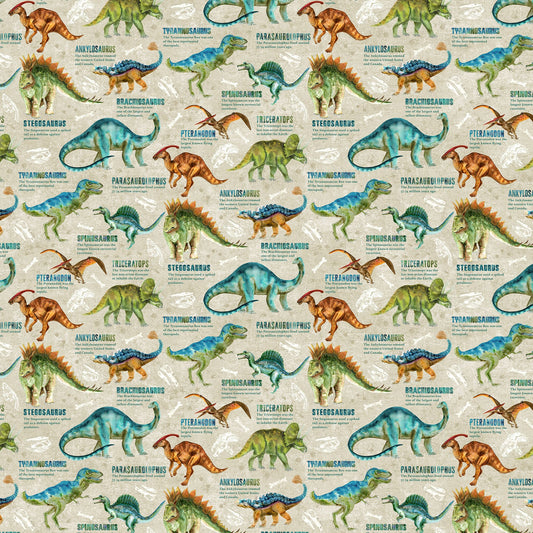 Dino Roar by Brett Blumenthal for Northcott ~ Beige Multi