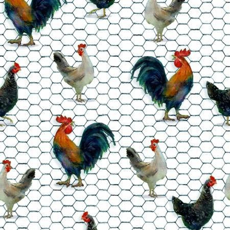Country Living Chickens by John Richard Keeling for 3 Wishes Fabric ~ White