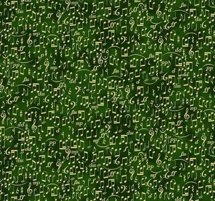 In A Pear Tree by Hoffman Fabrics ~ Music Notes Hunter/Gold ~ (1/4 Meter)