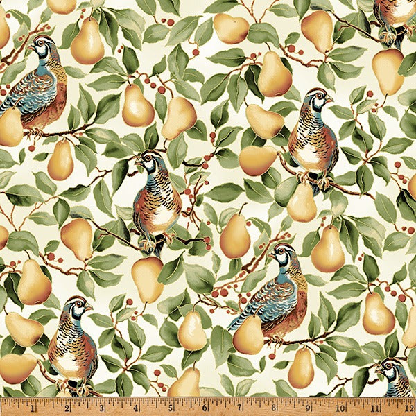 In A Pear Tree by Hoffman Fabrics ~ Partridge &amp; Pear Cream/Gold ~ (1/4 Meter)